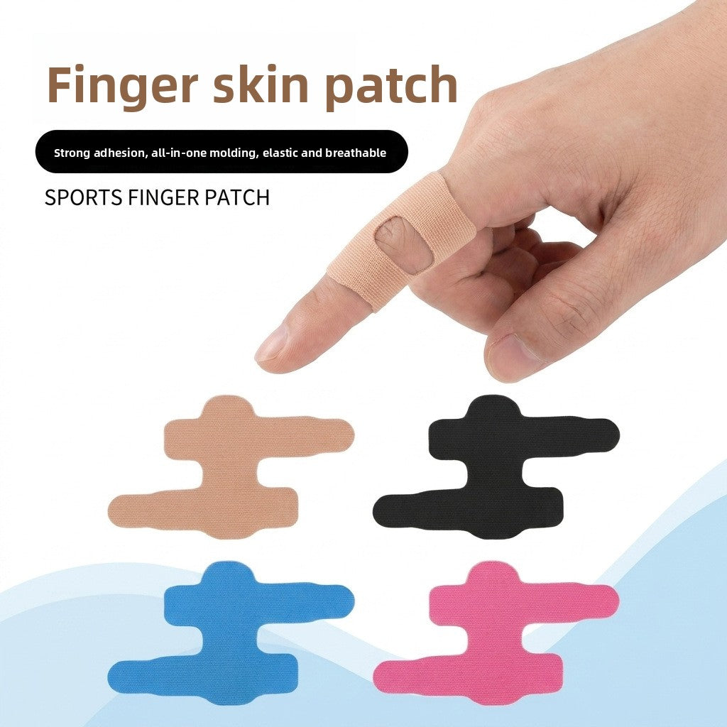 Skin tone, black, blue and pink special shaped finger tapes with a beige piece wrapped around a finger