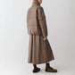 Quilted duck down jacket, wool blend shell, scarf collar and drawstring hem, brown colorway