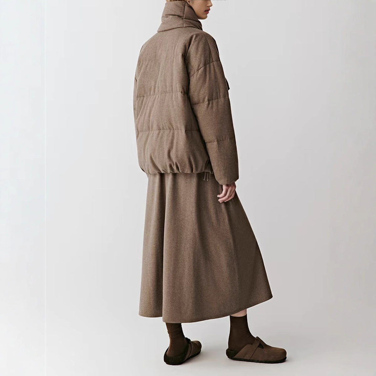 Quilted duck down jacket, wool blend shell, scarf collar and drawstring hem, brown colorway