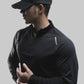 Side view of the half-zip sport shirt showing trim cut and long sleeve