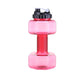 Dumbbell shaped water bottle with the carry handle folded up ready to clip to a bag