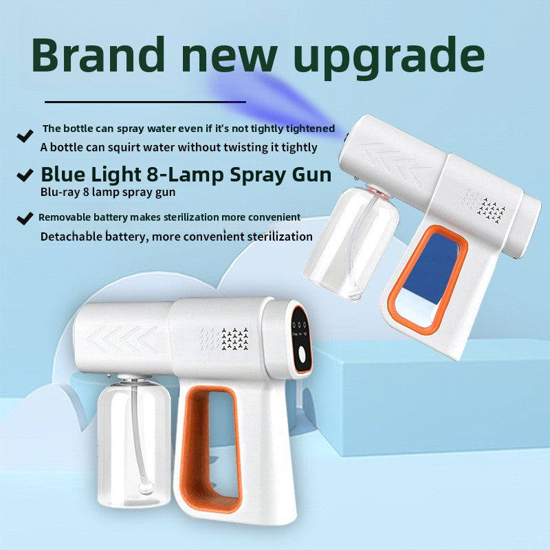 Nano mist spray gun with removable USB battery and refillable clear bottle
