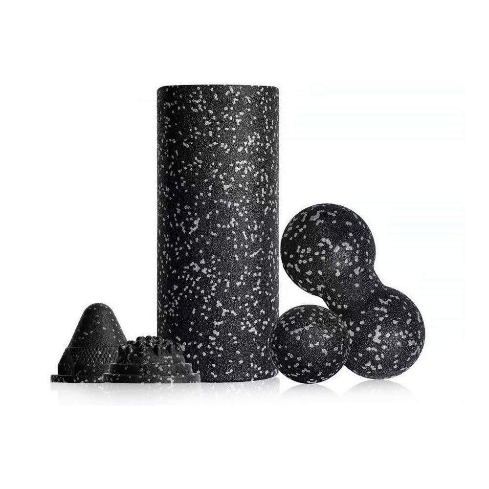 Gray starry sky EPP foam roller with speckled peanut ball, sphere and massage cones grouped together