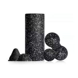 Gray starry sky EPP foam roller with speckled peanut ball, sphere and massage cones grouped together