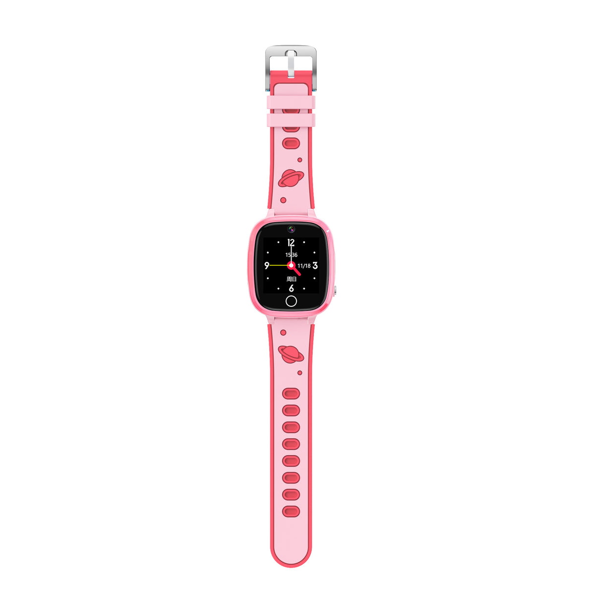 Pink children's smart watch with an analog clock face on a pink strap with a metal buckle, front view