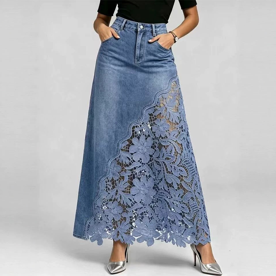 High waist A-line denim maxi skirt with a floral guipure lace panel and scalloped hem showing the front pocket detail