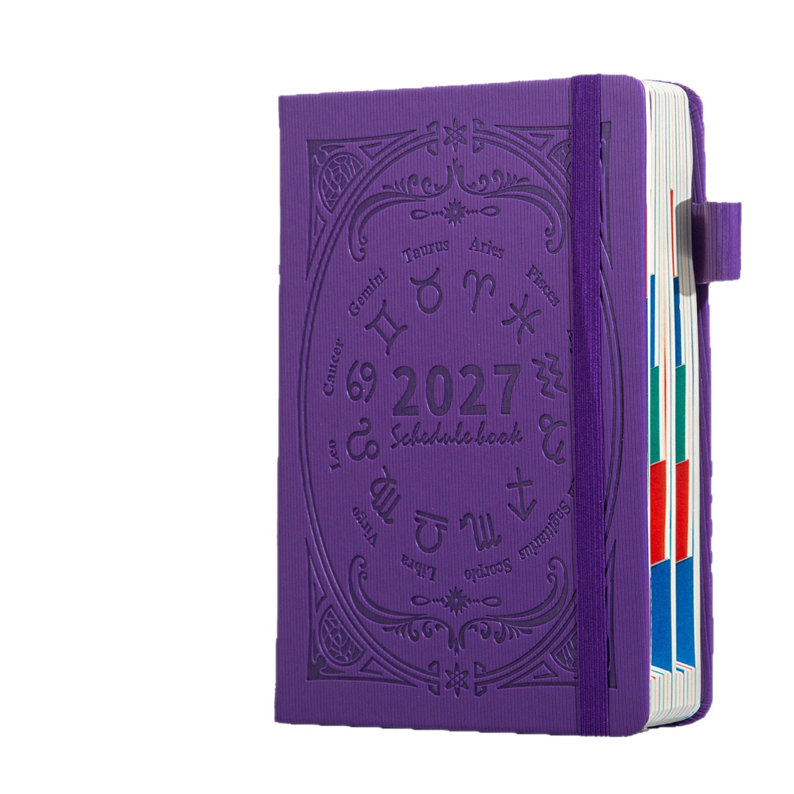 Purple zodiac embossed A5 planner notebook standing to show its colored page edges