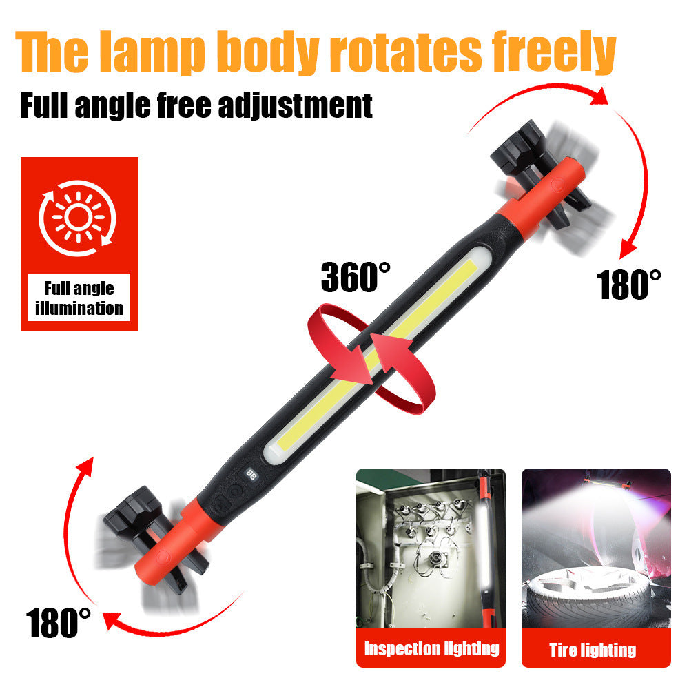 COB LED work light bar with a rotating body and fold out hooks at both ends