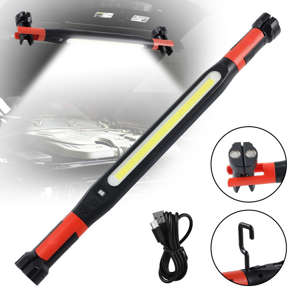 COB LED work light black and red barrel with the LED strip lit white