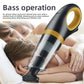 Black and yellow handheld car vacuum with a low noise around 50 decibels label