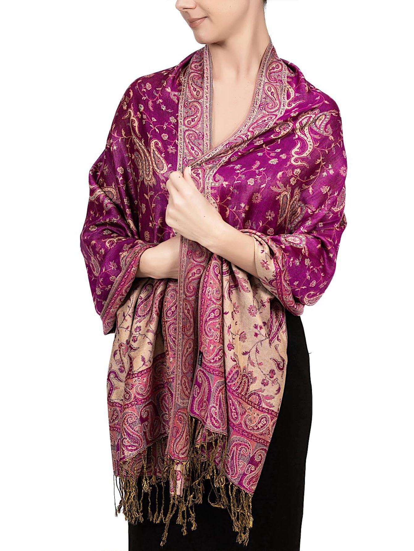 Magenta paisley tassel shawl wrap worn draped over the shoulders with tasseled fringe ends