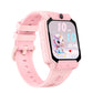 Pink kids smart phone watch with the strap folded to the left, unicorn watch face on the touchscreen