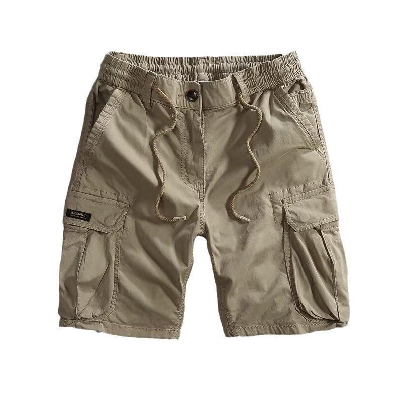Men's loose cargo shorts shown flat, mid length around the knee with multiple pockets