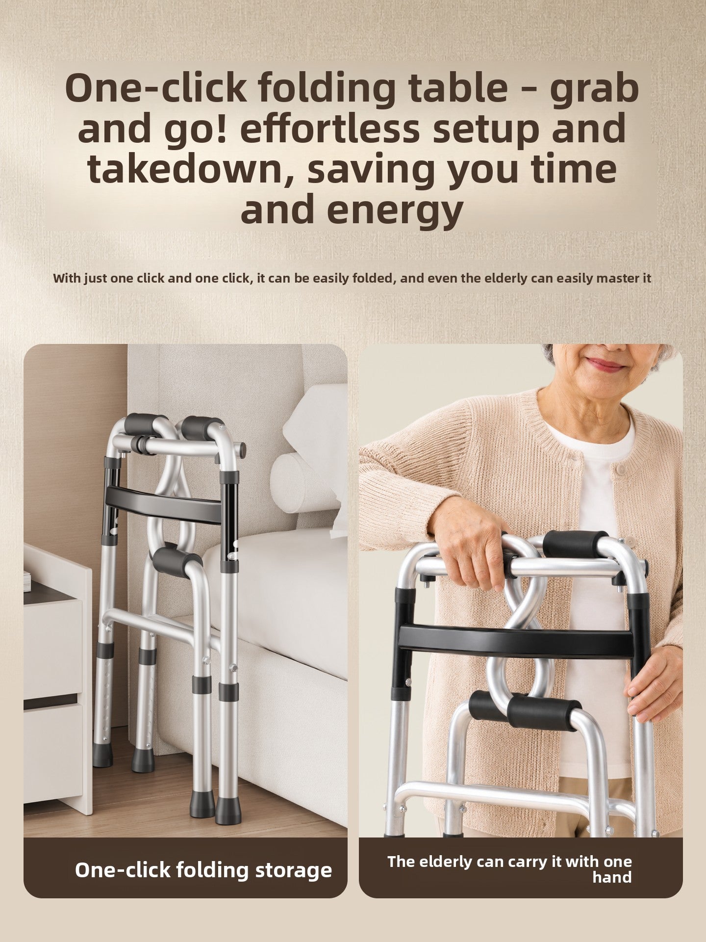 Folded aluminium walking frame stored beside a bed and carried one handed by an older woman