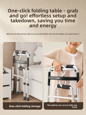 Folded aluminium walking frame stored beside a bed and carried one handed by an older woman