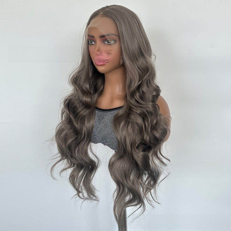 Three quarter view of a long wavy gray brown 13x4 lace front wig on a mannequin