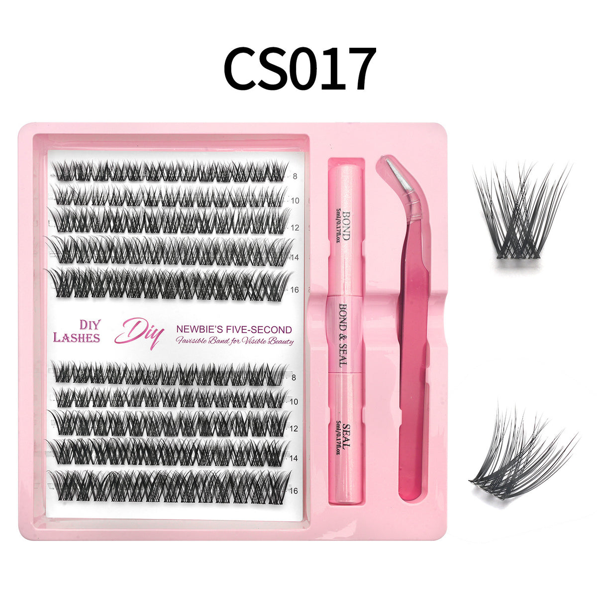 Lash cluster style CS17 in a 10 row tray with dual-ended glue pen, tweezers and a close-up of the cluster shape