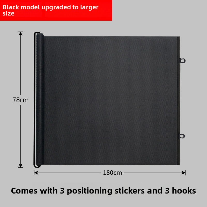 Black roll up pet gate 180 cm wide and 78 cm high, with three adhesive locators and three hooks