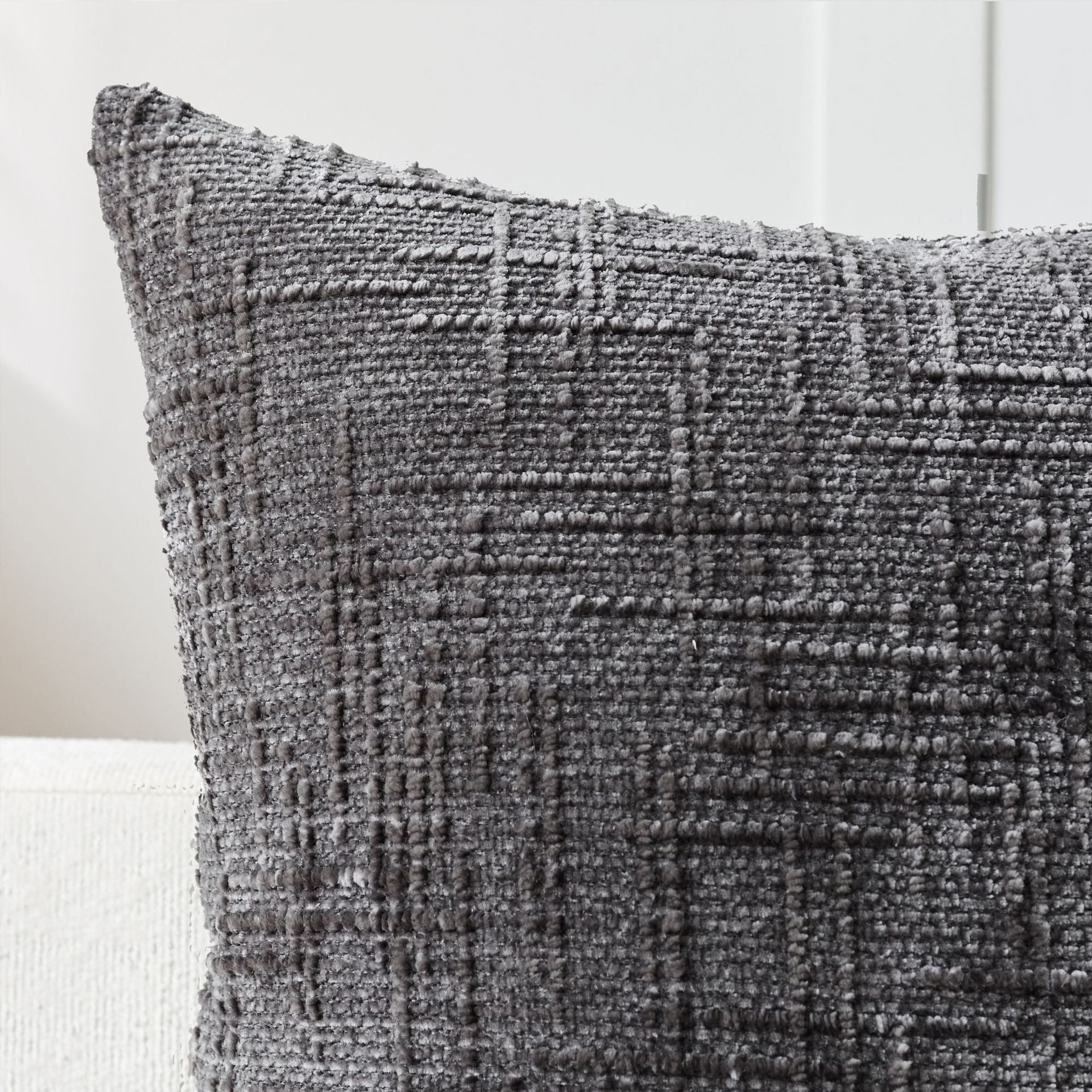 Chenille textured cushion cover with a knife edge finish and a woven cross hatch pattern in one solid colour