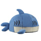 Blue and cream shark shaped plush pet bed with fin and tail on a white background