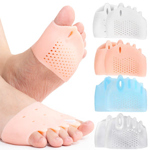 Nude honeycomb SEBS forefoot cushion pad on a foot beside four colour options