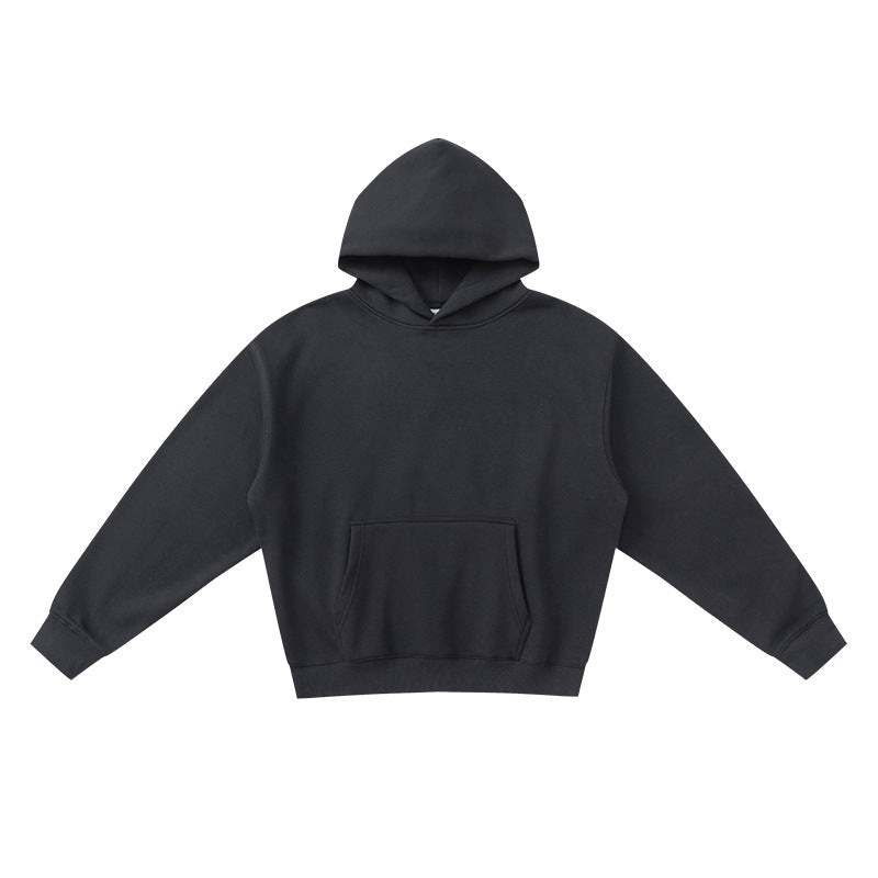 Dark Gray pullover hoodie with front pouch pocket and rib knit cuffs flat on white, size XL option