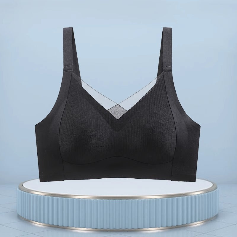 Mauve gray blue seamless wireless vest bra full front view on plain backdrop