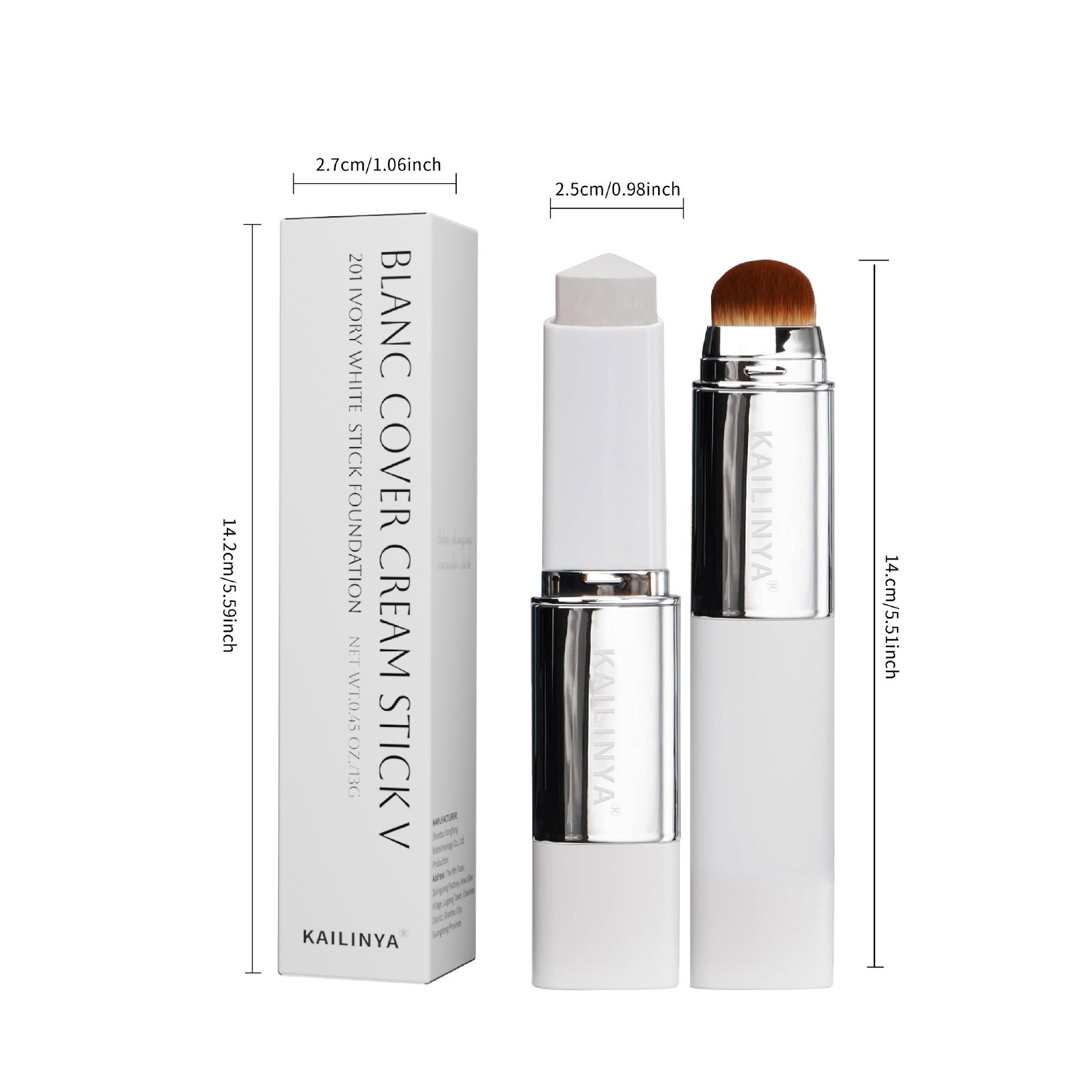 White carton and dual ended cream foundation stick shown with their measurements on a white ground