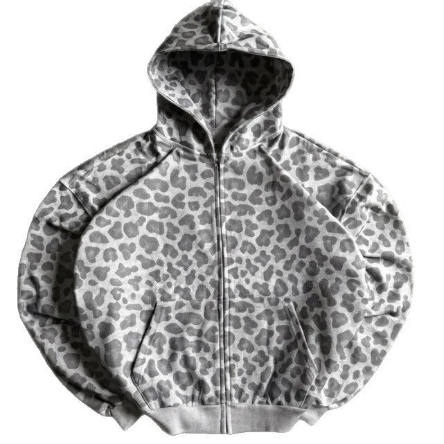 Light grey leopard print zip-up hoodie on a white background with hood and ribbed cuffs