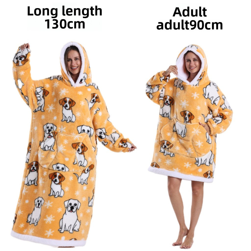 Yellow Dog hooded fleece pullover, golden yellow with white dog prints and snowflakes, 90 cm adult length option