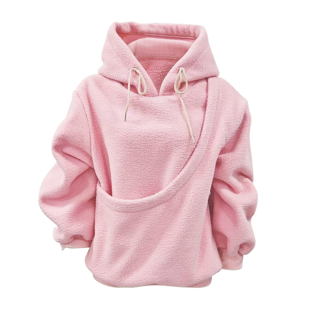 Pink plush fleece hoodie with a diagonal pouch pocket and drawstring hood, option photo for size L