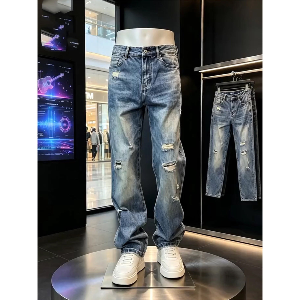 Blue washed ripped straight leg denim jeans on a display mannequin, Blue option, size 29