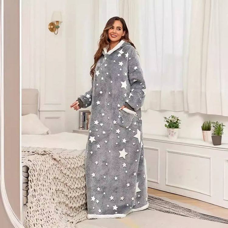 Front view of the floor length grey fleece robe with a wide front pocket and white star print