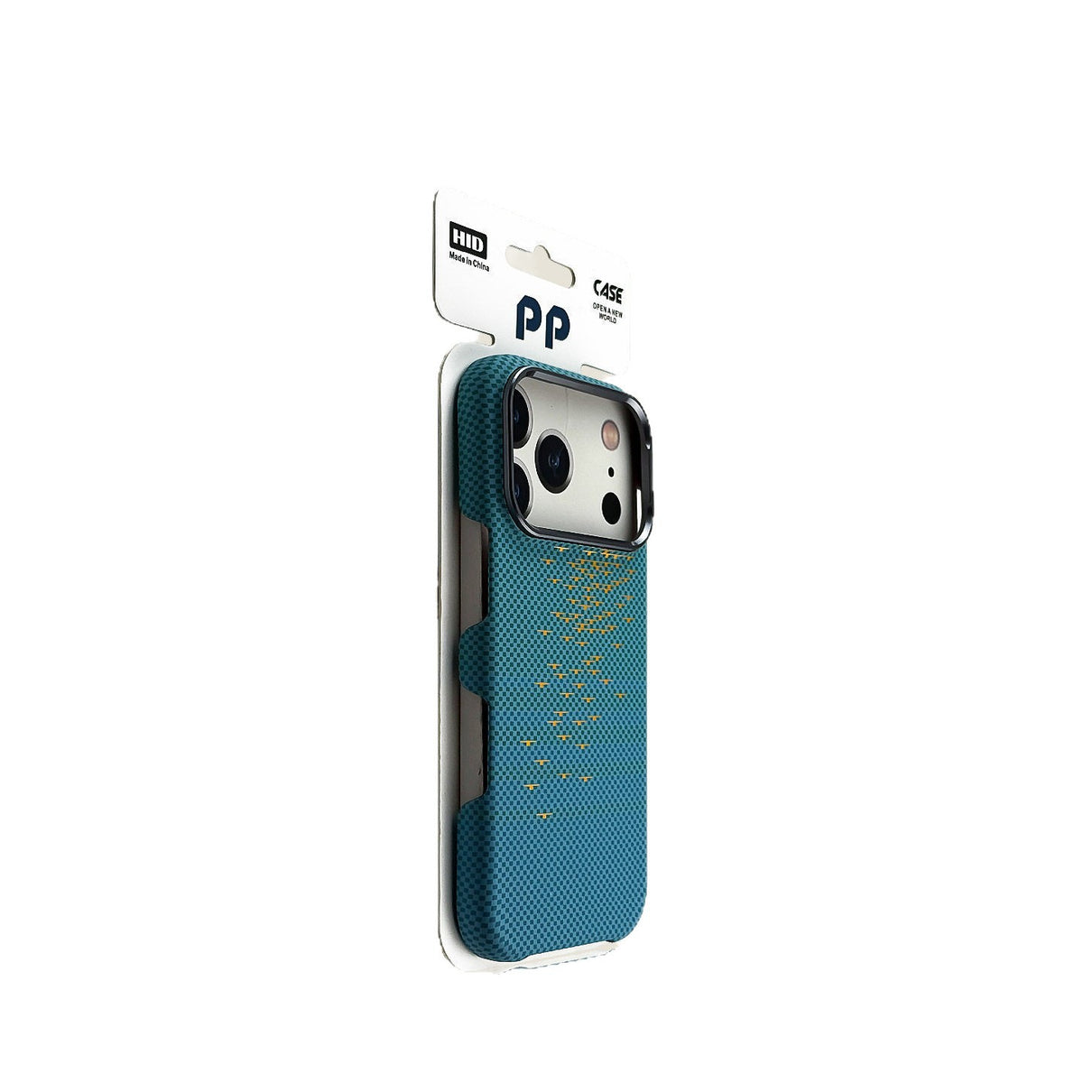 Blue textured magnetic phone case compatible with iPhone shown on a phone in packaging