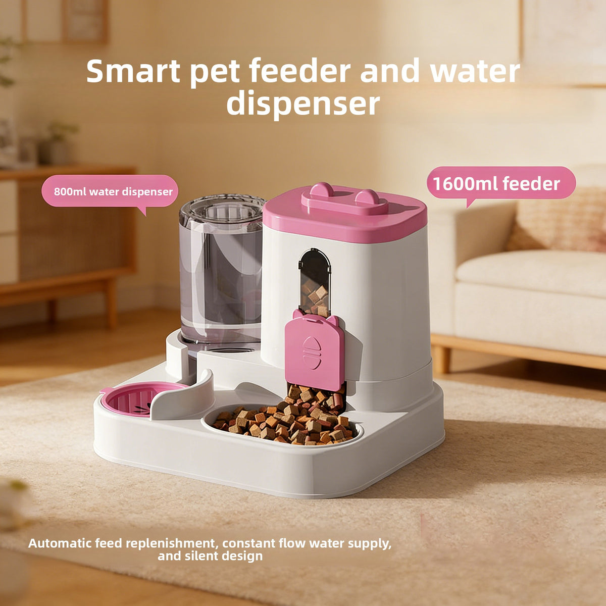 Pet feeder twin bowl base viewed from above with a kibble well and a water well side by side