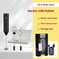 Black EF-B-BOX2 milk frother with three whisk heads laid beside an open white storage case