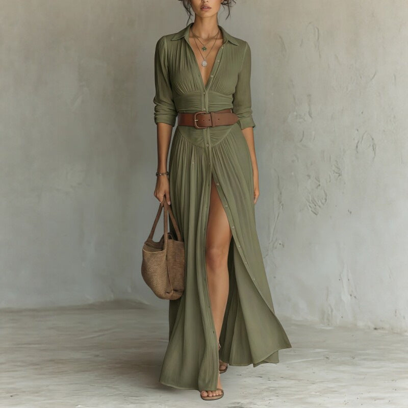 Dark green long shirt dress with collar, button front and brown belt, close view for size XXXL