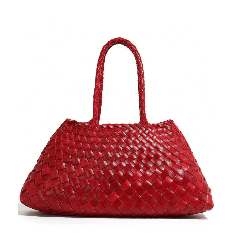 Red woven PU handbag with two braided handles on a white background, Red variant