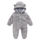 Gray plush fleece infant romper with bear ear hood and front zip, option image for size 6