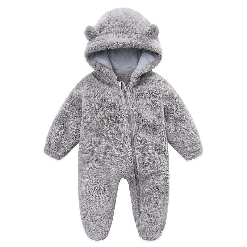Gray plush fleece infant romper with bear ear hood and front zip, option image for size 6
