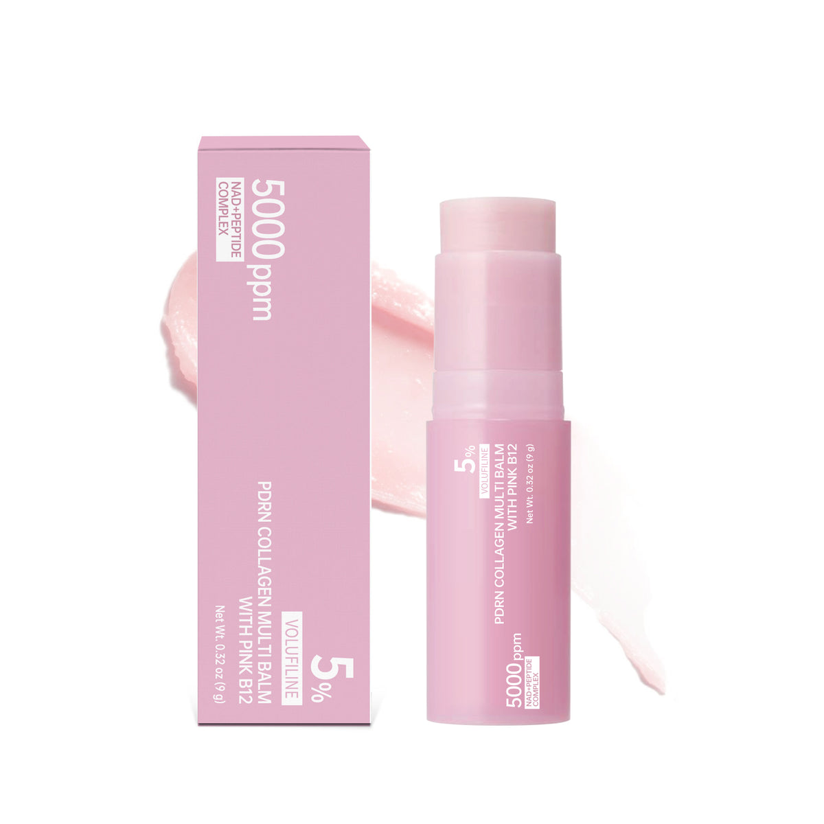 Pink face balm stick twisted up beside its printed carton on a plain background