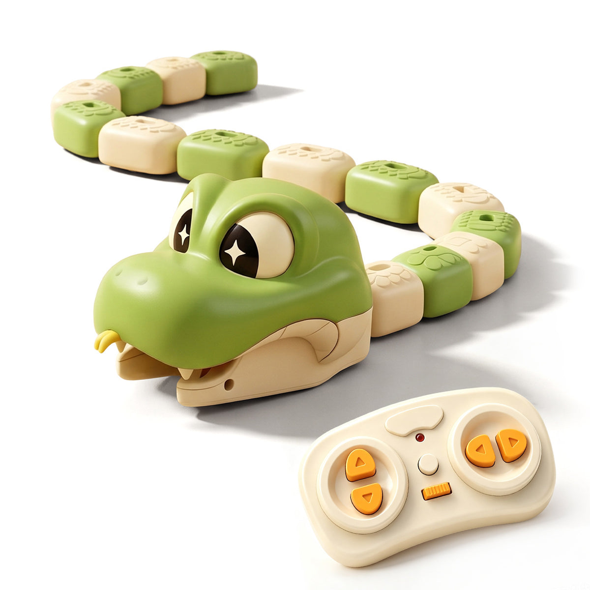 Green remote control magnetic snake toy slithering across a paved stone courtyard