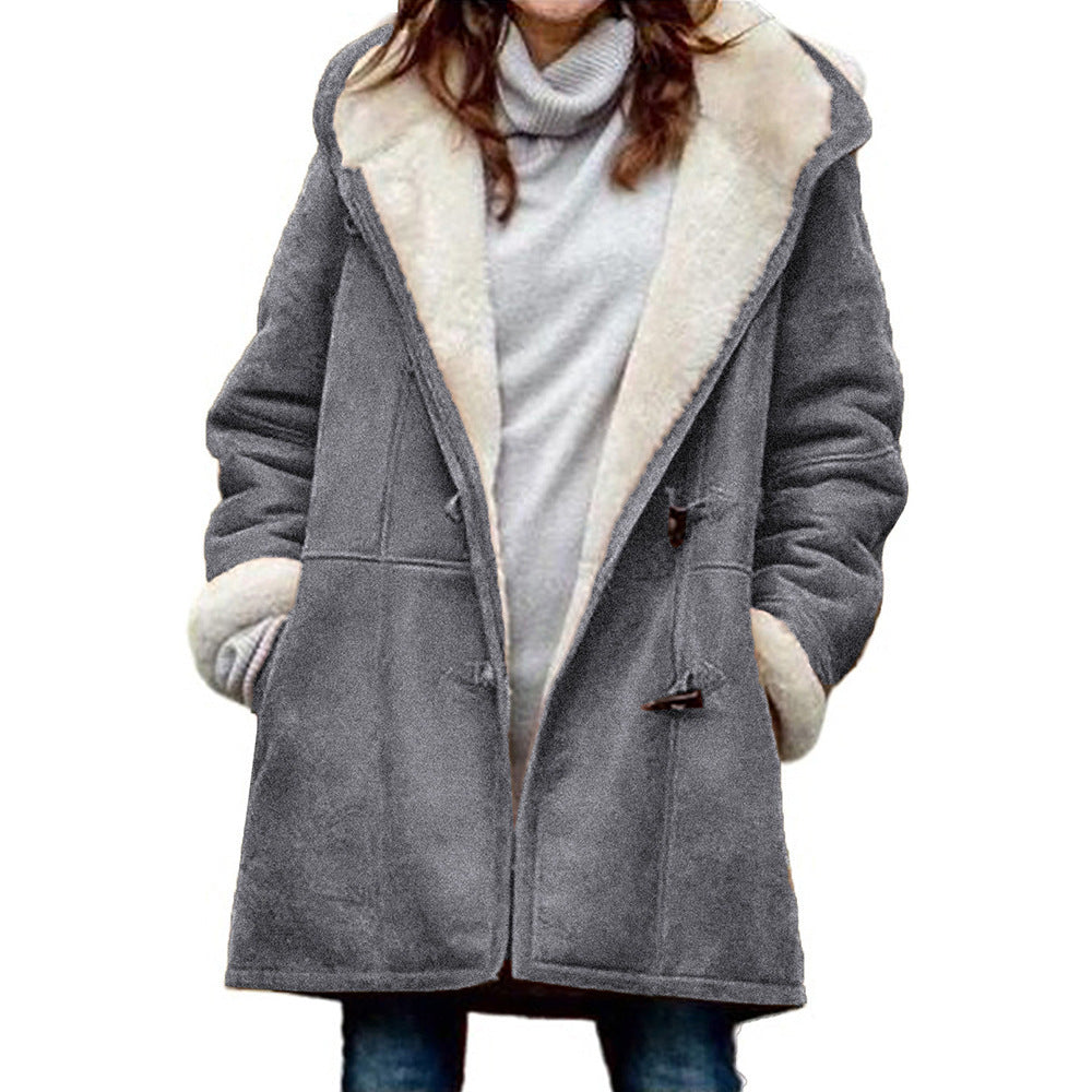 Women's hooded suede toggle coat with white plush lining in Gray