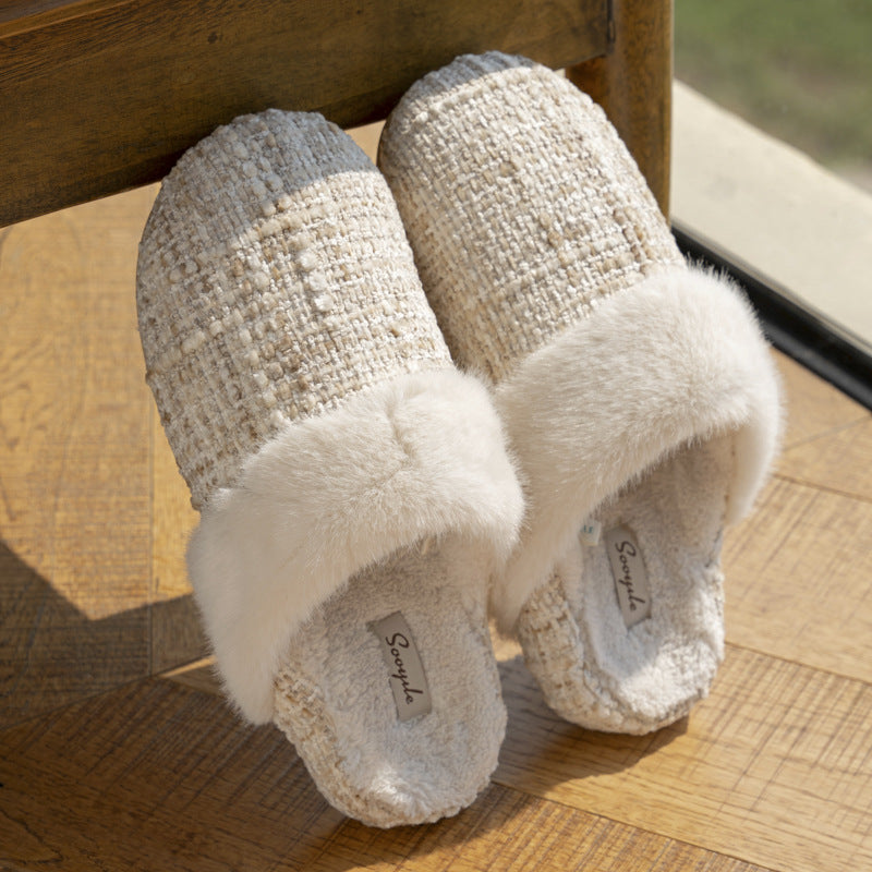 Off-white tweed look slippers with a plush faux fur cuff and fleece lining, Off-white, size 36-37 option