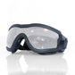 Black frame dog goggles with a silver lens shown on a plain ground