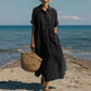 Short-sleeve cotton linen dress side profile showing the easy drape