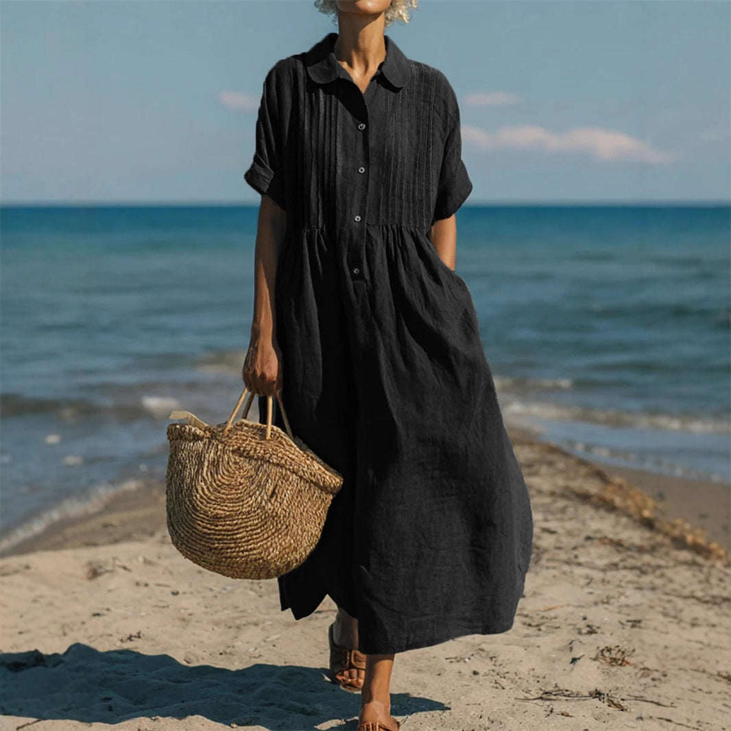 Short-sleeve cotton linen dress side profile showing the easy drape