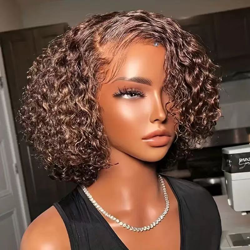 Short curly synthetic lace front bob wig shown on a mannequin head, angled view