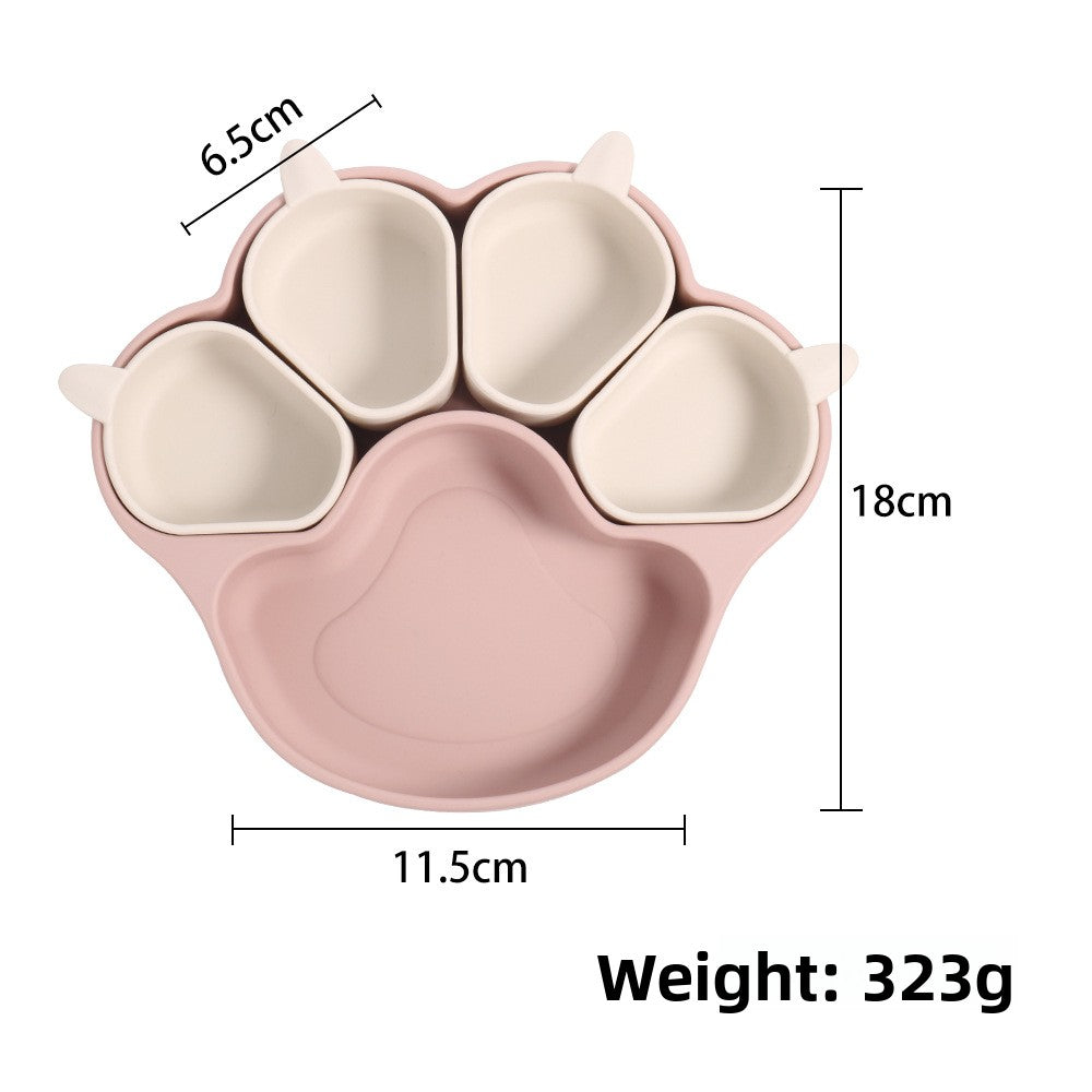 Pink bear paw plate with four small cream cups and dimension lines 18 cm, 11.5 cm and 6.5 cm, weight 323 g