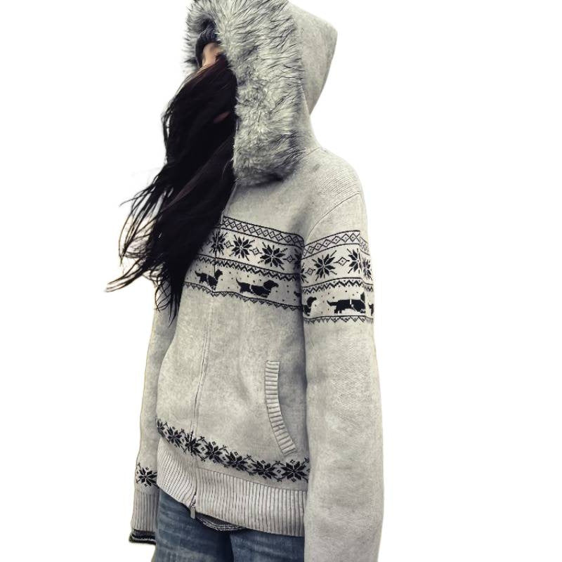 Grey Fair Isle zip cardigan with faux fur hood, ribbed hem and side pocket on a cut out figure, side view